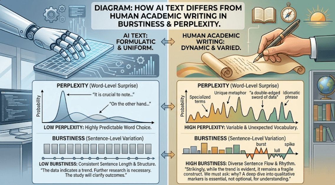 Diagram showing how AI text differs from human academic writing in burstiness and perplexity