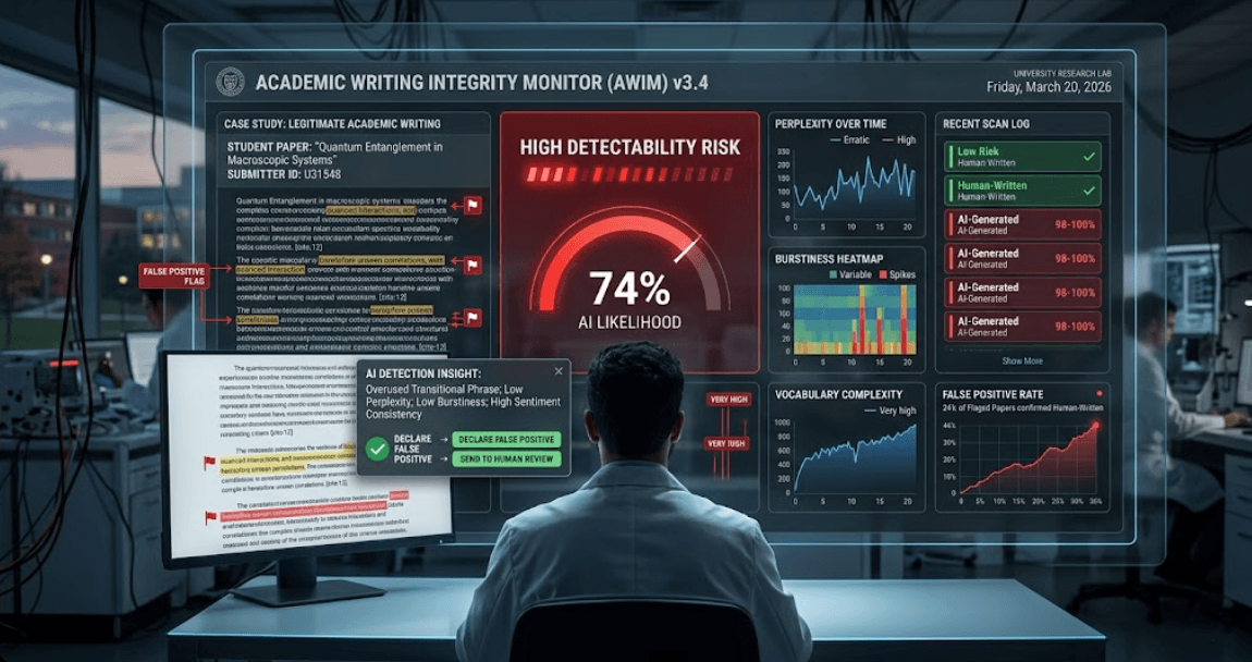 Academic writing integrity monitor showing AI detection dashboard