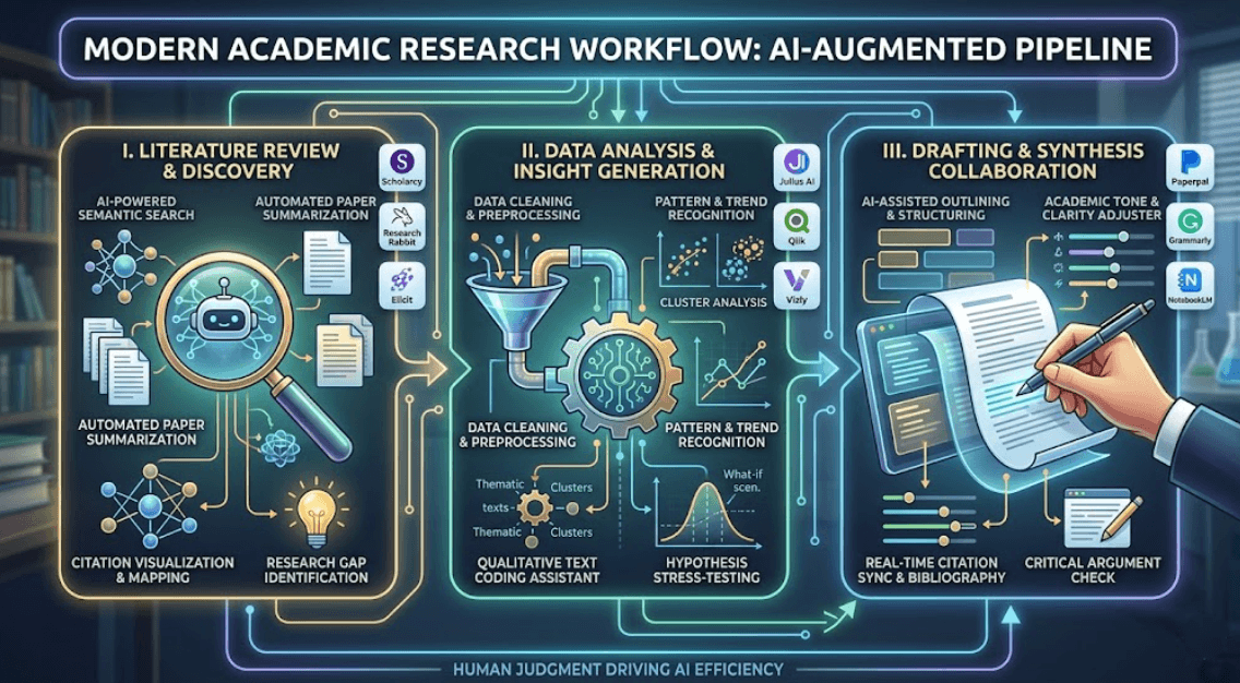 Modern academic research workflow with AI-augmented pipeline