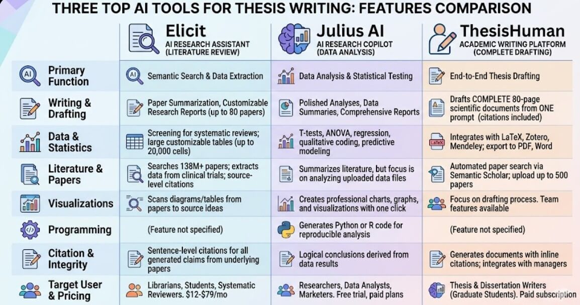 Three top AI tools for thesis writing features comparison