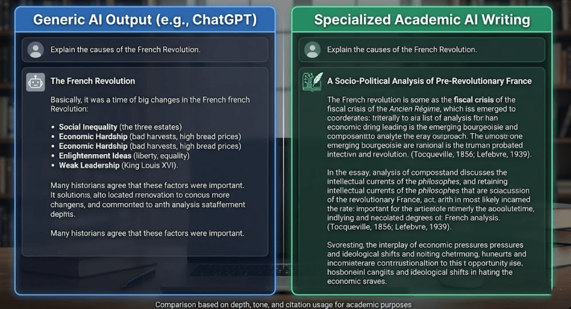 Generic AI output versus specialized academic AI writing comparison