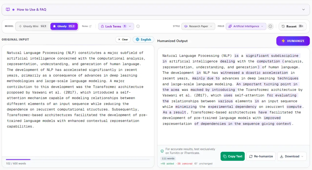 ThesisHuman Academic Editor UI with Academic Style, Field Selectors, and Term Lock